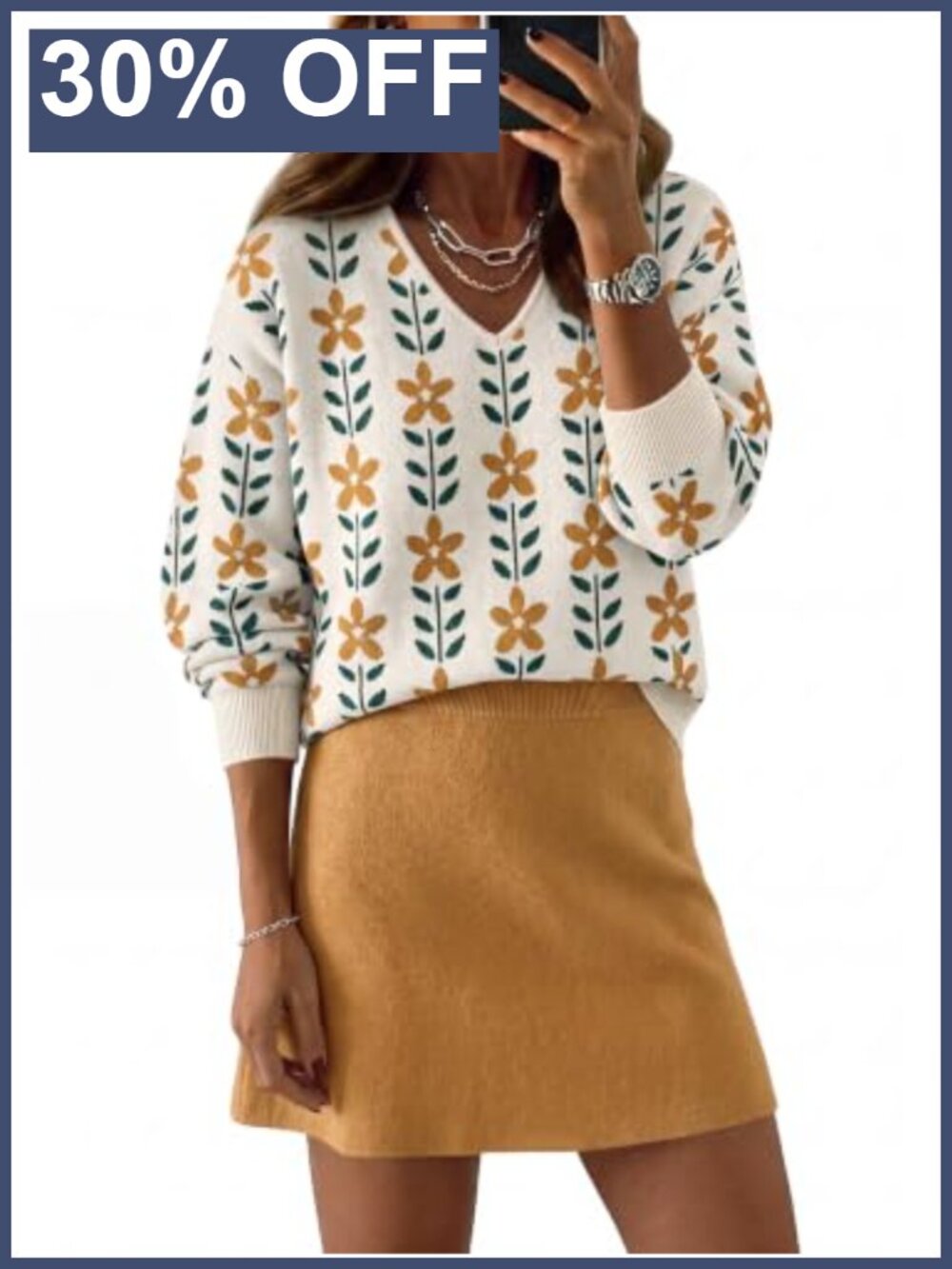 V Neck Knit Pullover & Sweater Skirt Set Casual Work Travel Outfit